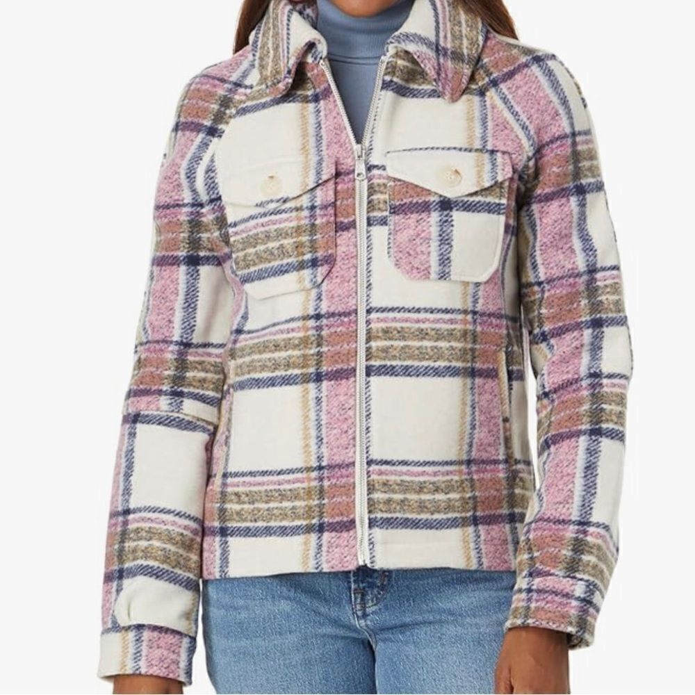 Avec Les Filles Ivory Pink Blue Plaid Soft Flannel Zip Up Shirt Jacket